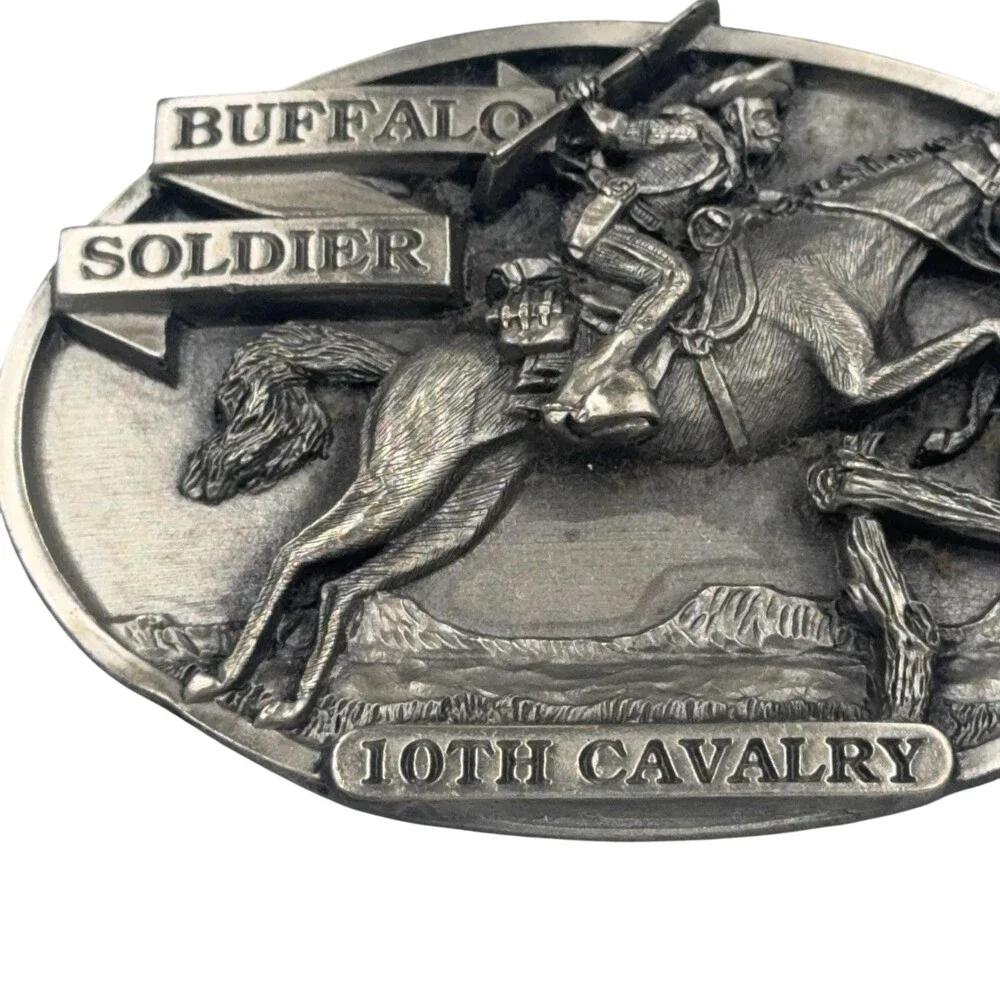 VTG African American Chronicle Belt Buckle Silver Buffalo Soldier 10th Cavalry